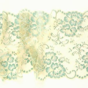 Aqua blue and beige floral stretch lace trim. Wide elastic lace for lingerie, dance costumes, home decor, 19 cm (7 1/2 in) wide