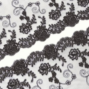 black non stretch embroidered tulle lace with symmetrical pattern