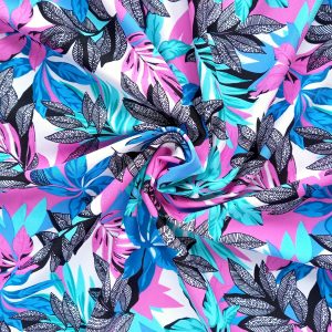pink blue leaves swimwear fabric
