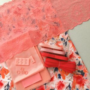 peach stretch fabric and coral lace lingerie sewing kit