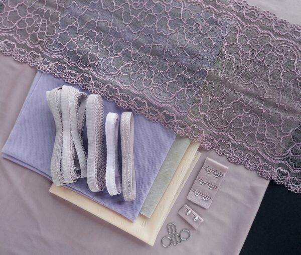 dusty purple microfiber fabric and gray stretch lace lingerie making kit